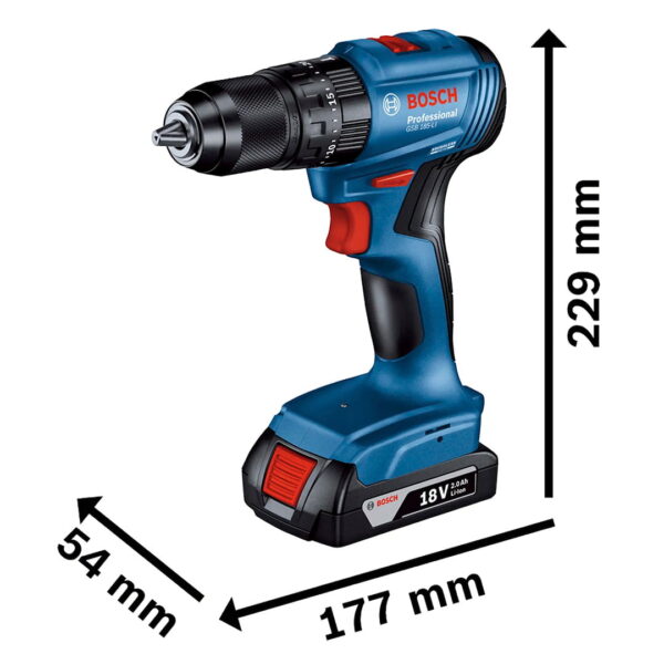 Taladro Percutor Bosch 18V GSB 185-Li + 2B + Accesorios