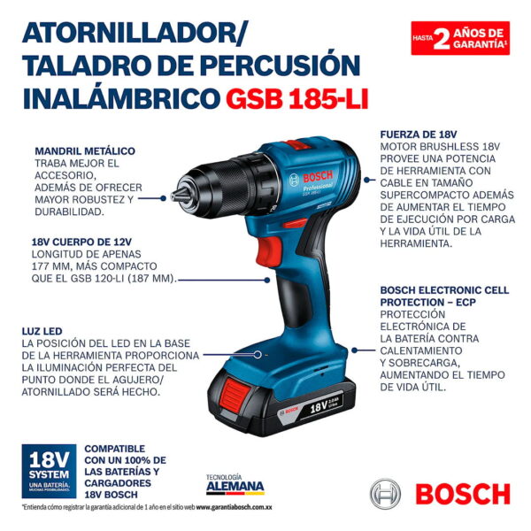 Taladro Percutor Bosch 18V GSB 185-Li + 2B + Accesorios