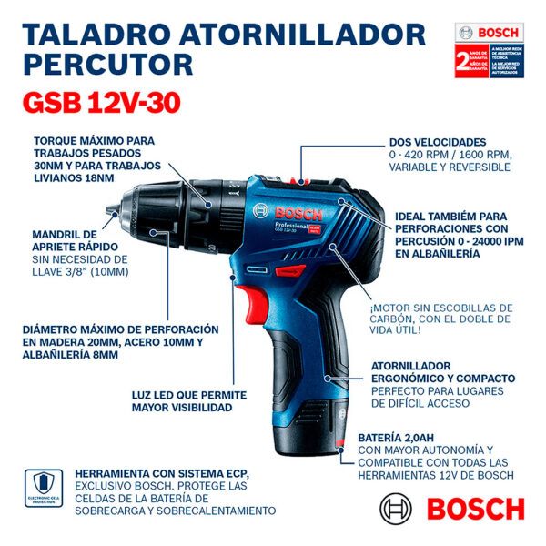 Kit Taladro Percutor BL Bosch 12V-30 + 2B